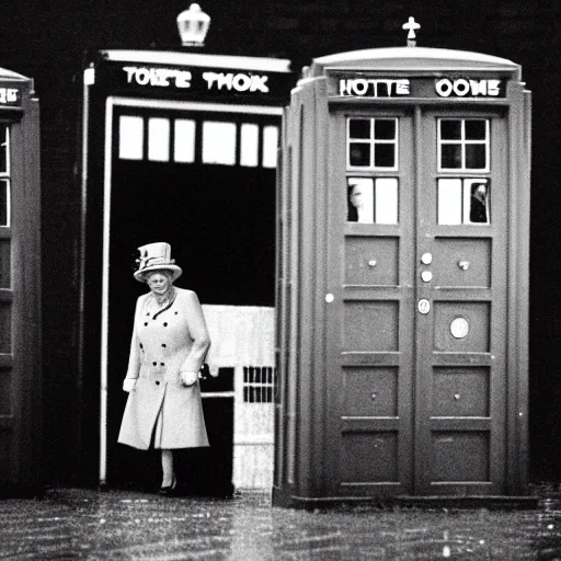 Prompt: 35mm Photograph of Queen Elizabeth II stepping out of the Tardis on a dark rainy London street