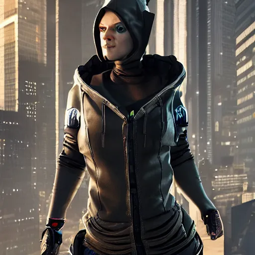 Image similar to Female cyberpunk rogue in a hood, realistic artstyle, wide shot, dramatic lighting, octane render, hyperrealistic, high quality, highly detailed, HD, beautiful, cinematic, 8k, unreal engine, facial accuracy, symmetrical