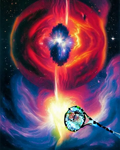 Image similar to cosmic tennis player serving a tennis ball in a nebula, an oil painting, by ( leonardo da vinci ) and greg rutkowski and rafal olbinski, award - winning magazine cover