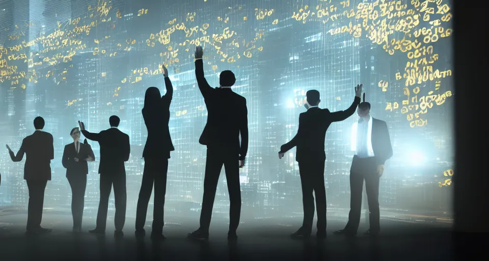 Prompt: Dramatic photo of a CEO waving goodbye to a group of silhouettes of his coworkers in a futuristic office. Golden coins are levitating all around them. 8k, high detail, trending on Artstation, volumetric lighting, cyberpunk