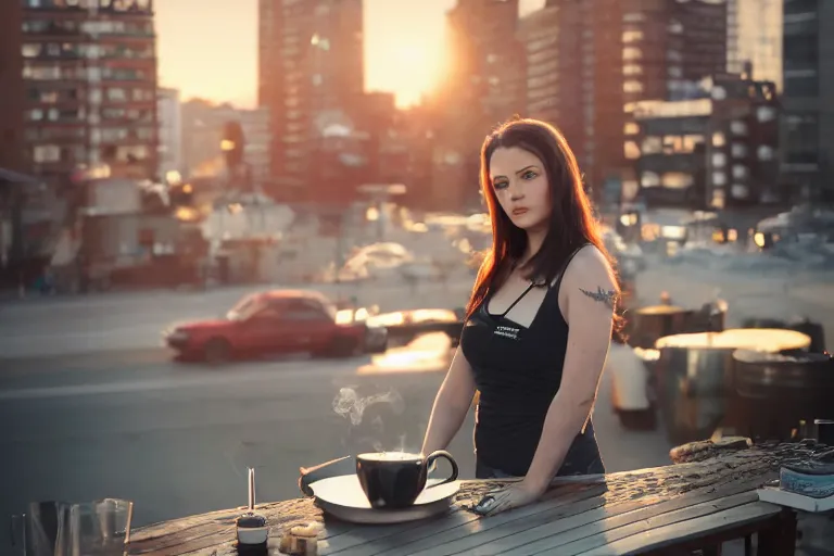 Image similar to hyperrealistic portrait of stunningly beautiful female nordic barista scarlet Johnson , brewing a V60 coffee outdoor, lit by dawn light, busy city on background, trending on artstation,ultrawide angle, f8 , polarizer , unreal engine