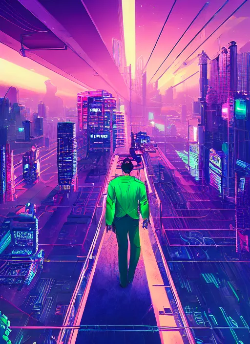 Image similar to Panfuturism cyberpunk art of a man standing on top of a bridge over a city, by Reuben Tam, Artstation contest winner, synthwave, retrowave, 2d game art