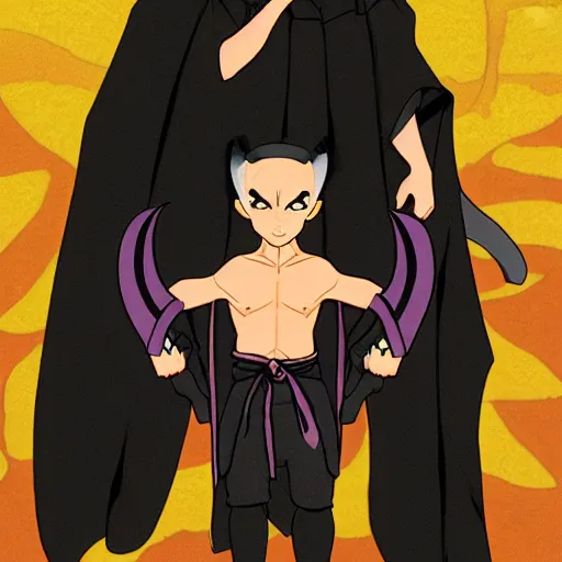 Image similar to mazoku, demon boy, yokai boy wearing vantablack cloak, vantablack cape, muscular boy, demon tail