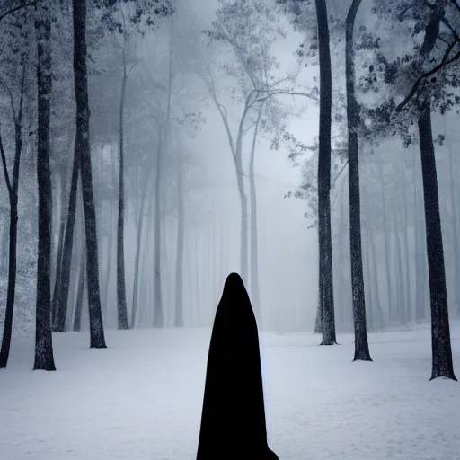 Image similar to lady dressed in a long black robe standing in the shadows of a snowy forest at night