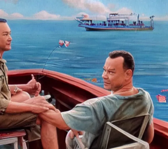 Image similar to Tom hanks as forrest gump sitting in a giant shrimp boat, majestic beautiful world, realism painting, amazing detail