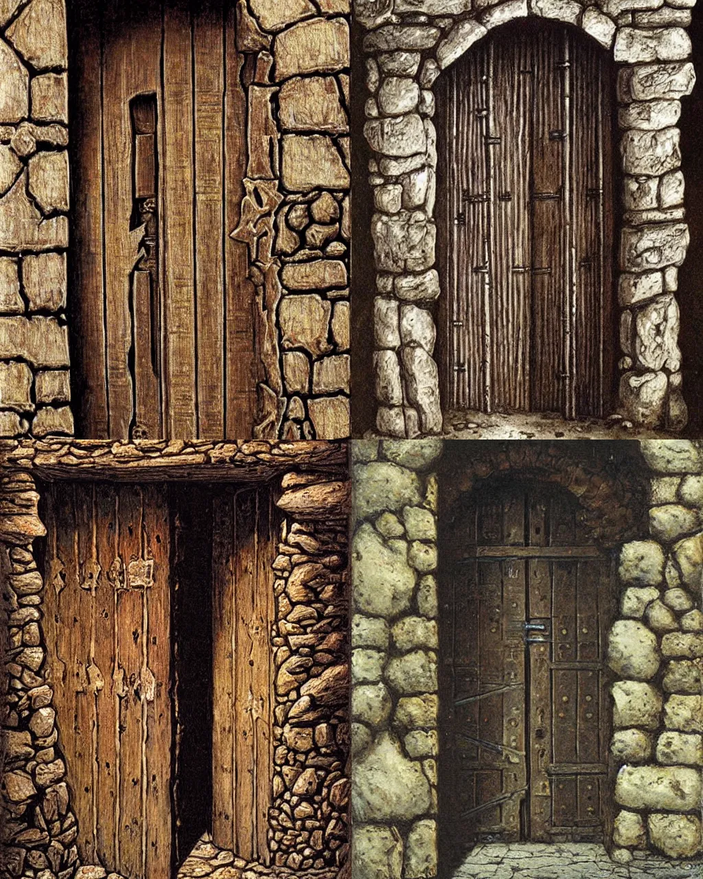 Prompt: Old wooden door in a dungeon, rocks and metal, jeff easley,