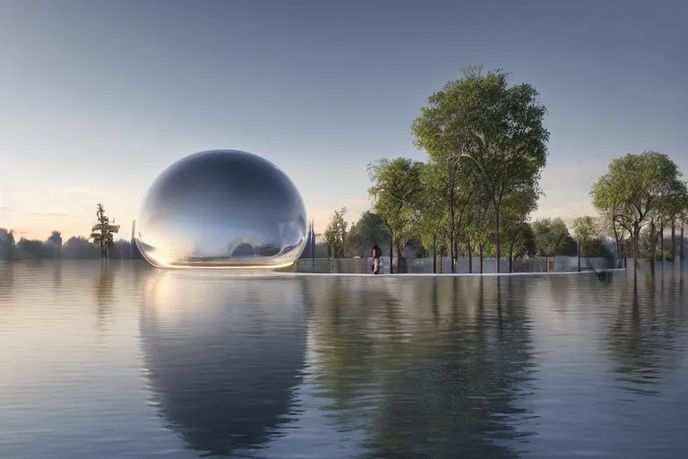 Image similar to a bubble building formed by the intersection and fusion of many white spherical spaces, on the calm lake surface, people's perspective modern curved architecture, future, wood, marble, metal award winning, highly detailed 4 k art, dusk, unreal engine highly rendered, global illumination, radial light, internal environment by kazuyo sejima