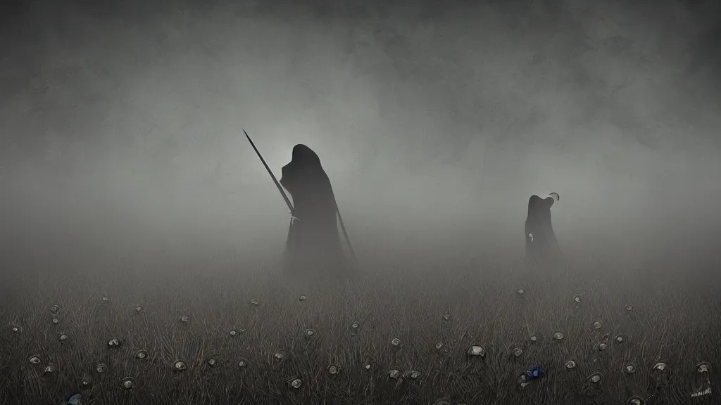 Image similar to grim reaper in a field of skulls, dark, night, foggy, scary, eerie, digital art.