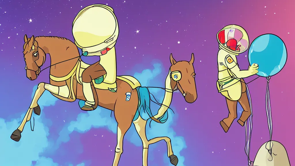 Prompt: a horse riding an astronaut, an horseis a balloon, art by bojack horseman