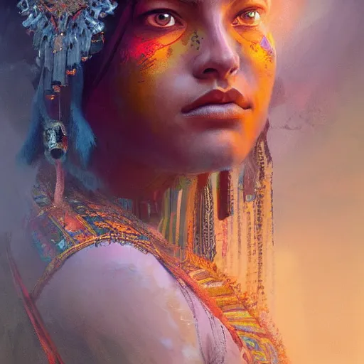 Prompt: queen of the aztecs, gorgeous portrait, intricate, elegant, volumetric lighting, scenery, digital painting, highly detailed, artstation, sharp focus, illustration, concept art, ruan jia, steve mccurry