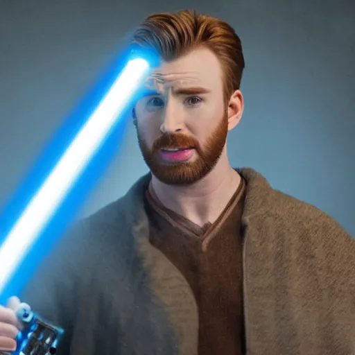 Image similar to Chris Evans holding a blue lightsaber dramatically, 4k, very detailed, backlit