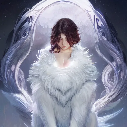 Prompt: girl facing a giant white wolf, manga cover, league of legends, glowing lights!! intricate, elegant, highly detailed, digital painting, artstation, concept art, smooth, sharp focus, illustration, art by artgerm and greg rutkowski and alphonse mucha