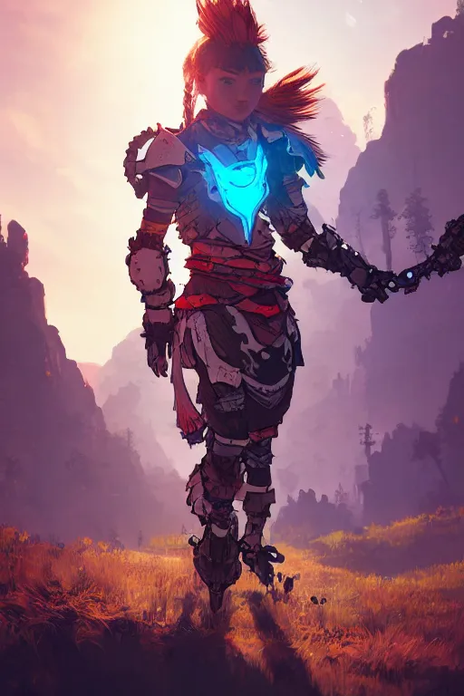 Image similar to combination suit armor aloy horizon forbidden west horizon zero dawn radiating a glowing aura global illumination ray tracing hdr fanart arstation by ian pesty and alena aenami artworks in 4 k tribal robot ninja mask helmet backpack