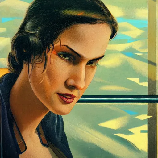 Image similar to detailed face of a woman, clockwork, moment, tectonic sky, skydome, bullet train, turbines, utopian, tech noir, wet reflections, prism, atmospheric, ambient, pj crook, syd mead, livia prima, greg rutkowski, edward hopper