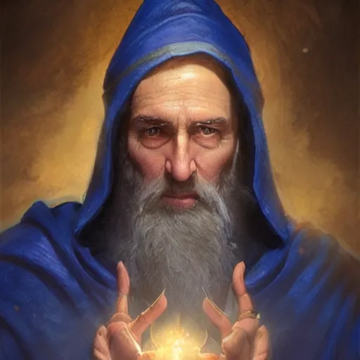 Image similar to A middle aged elf, wrinkled olive skin and a raised hand, long beard, blue robes with clocks on, detailed face, highly detailed, cinematic lighting, digital art painting by greg rutkowski.