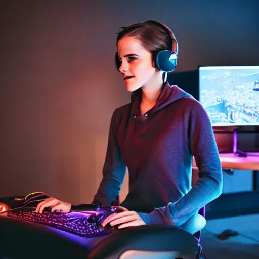 Image similar to model emma watson playing video gaming emma watson playing video gaming gaming on rgb keyboard wearing a gaming headset wearing hoodie sitting on gaming chair at desk dramatic lighting controller award winning photo