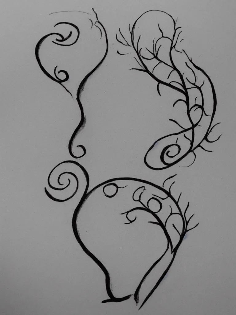 Image similar to a clean single line drawing sketch for a tattoo, acorn that turns into a tree that is also a treble clef with scar line in the middle, clean single line tattoo with color bursts when crossing scar