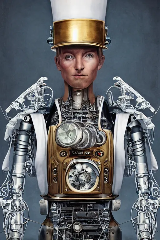 Image similar to a beautiful ultradetailed vintage photo of a futuristic cybernetic cyborg male wearing a tall white chef hat and an apron, by tom bagshaw and anna dittman, portrait, 3 5 mm lens, golden ratio composition, detailed face, studio photography, very detailed, humanoids, industrial robots, artstation, 8 k, highly coherent