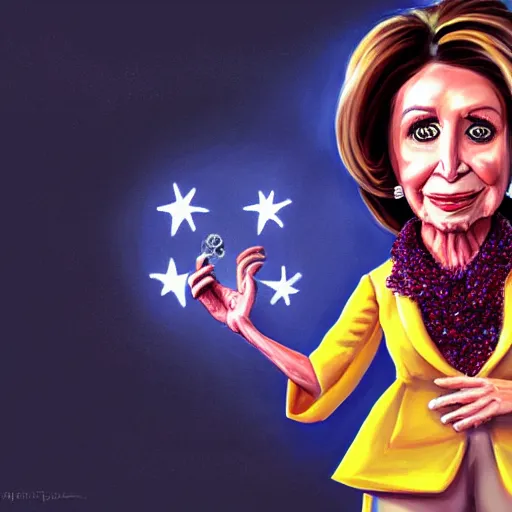 Image similar to « full length portrait of nancy pelosi as an muppet in a white robe and flaming yellow eyes, seven stars in right hand, grim - lighting, high - contrast, intricate, elegant, highly detailed, digital painting, artstation, concept art, smooth, sharp focus, illustration »