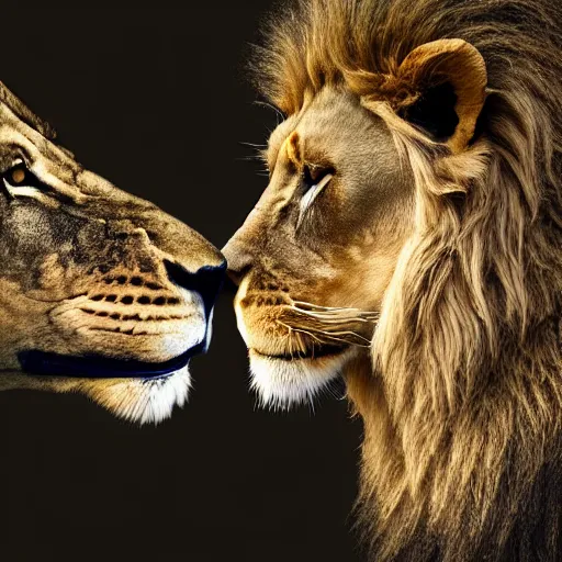 Prompt: a farmed photography of a lion kissing a lion male skull, detailed, 4k, fantasy