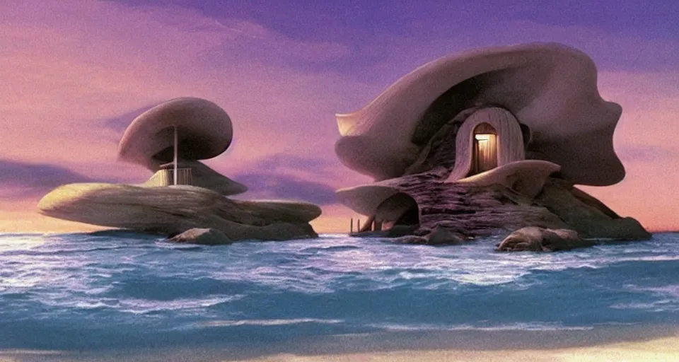 Image similar to seashell house where a hermit girl lives, atmospheric cinematography by syd mead and emmanuel lubezki