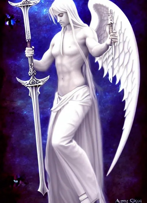 Image similar to a white angel holding a sword and a sword, digital art by Anne Stokes, deviantart, fantasy art, angelic photograph, wiccan, deviantart