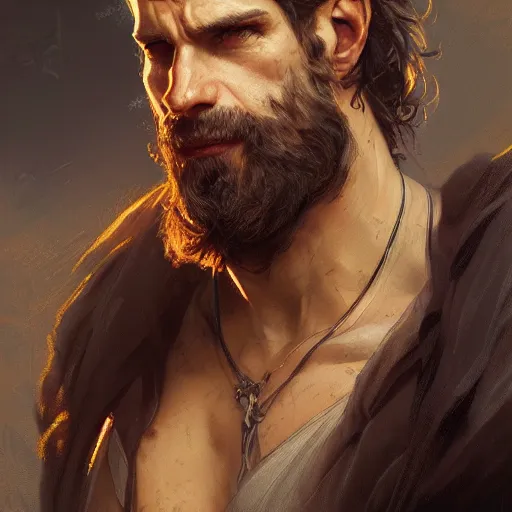 Prompt: portrait of a rugged male, D&D, fantasy, intricate, elegant, highly detailed, digital painting, artstation, concept art, smooth, sharp focus, illustration, art by artgerm and greg rutkowski and alphonse mucha