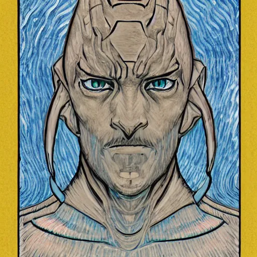Image similar to art of symmetrical tiefling, in the style of moebius and studio ghibli and vincent van gogh