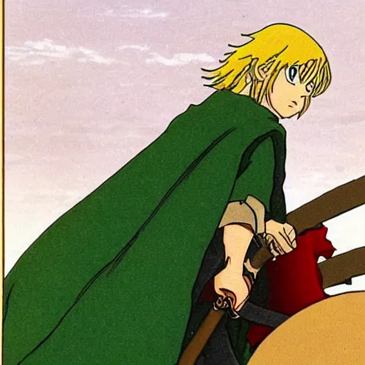 Prompt: merry from the anime lord of the rings (1986), blond hair, hobbit, green cape, studio ghibli, very detailed, realistic