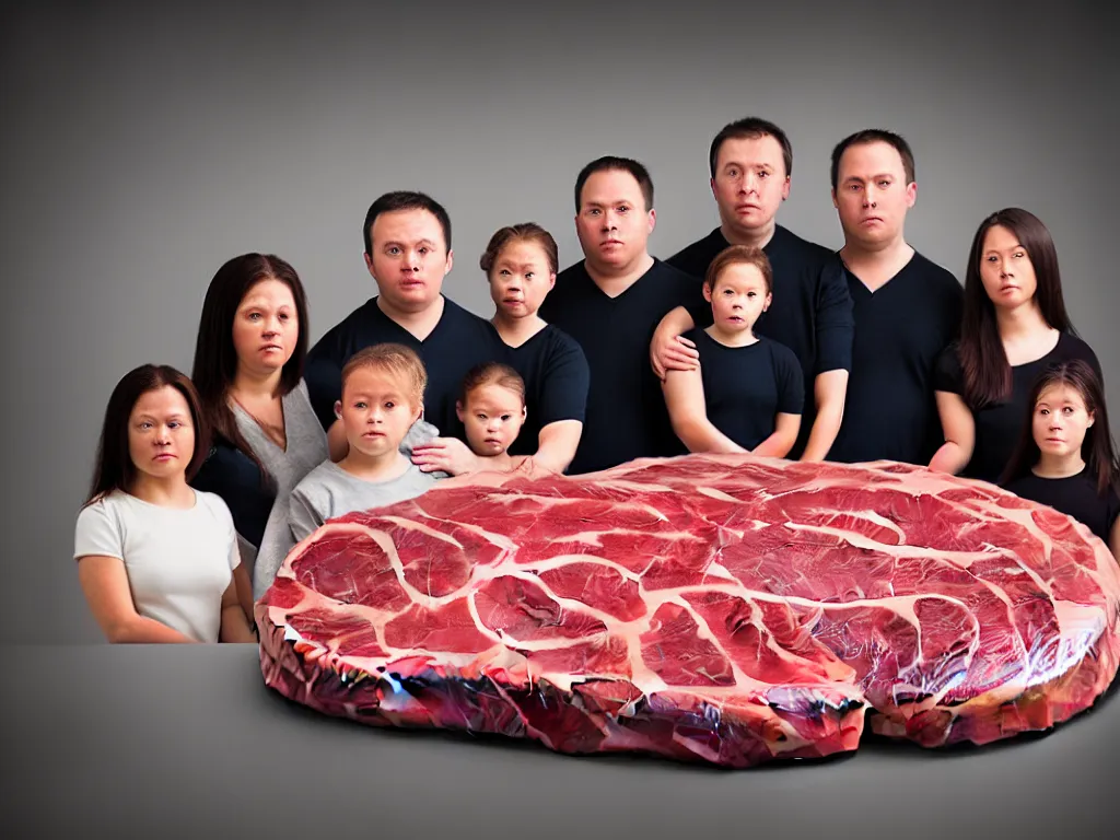 Prompt: portrait of a family having been sewn together and compressed and moulded into a levitating spheroid of meat. perfectly composed, beautiful studio lighting and impeccable focus.