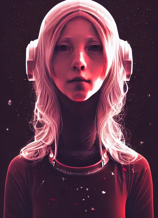 Prompt: highly detailed portrait of a hopeful pretty astronaut lady with a wavy blonde hair, by Anton Semenov, 4k resolution, nier:automata inspired, bravely default inspired, vibrant but dreary but upflifting red, black and white color scheme!!! ((Space nebula background))