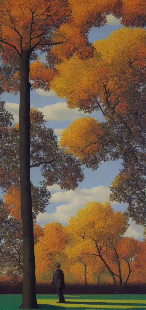 Image similar to Sunset on an autumn day in the park by Rene Magritte. Leaves falling. Shadows. Philosopher walking.