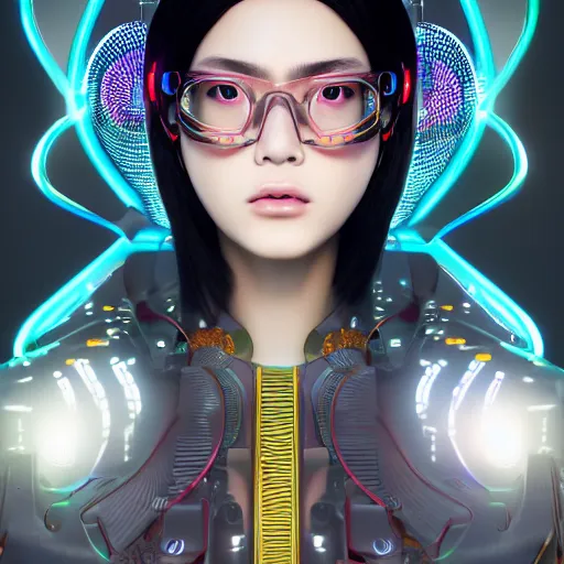 Prompt: centered symmetrical portrait of a persian cyberpunk cyborg japanese girl in kimono with glowing cybernetics, hyperdetailed, digital painting, trending on Artstation, cel-shading style, CG society, hyperdetailed, digital painting, hypermaximalist, golden ratio, volumetric, octane render, weta digital, micro details, 3d sculpture