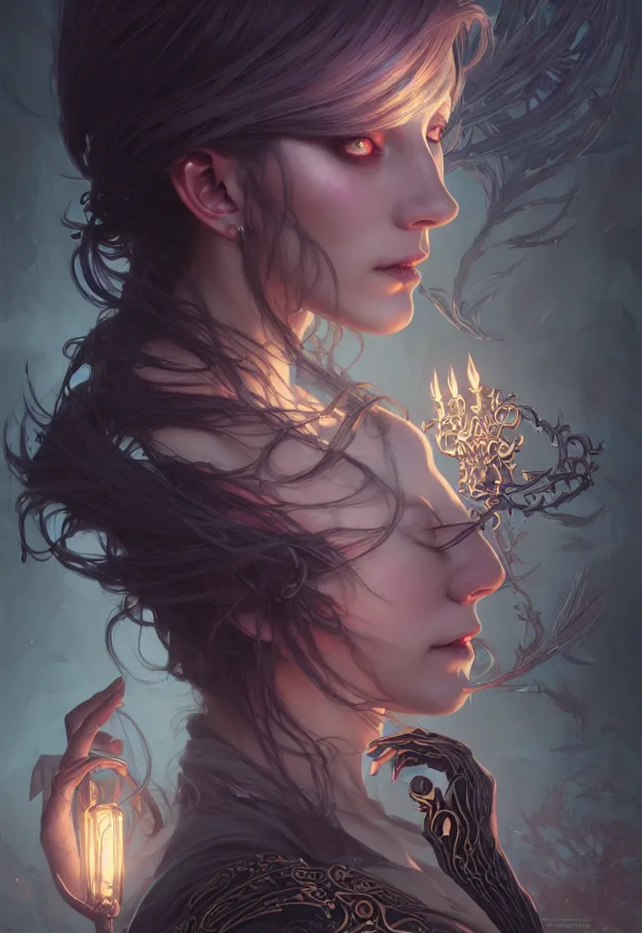 Image similar to Necromancer Sorceress, fantasy magic, undercut hairstyle, dark light night, intricate, elegant, sharp focus, illustration, highly detailed, digital painting, concept art, matte, art by WLOP and Artgerm and Greg Rutkowski and Alphonse Mucha, masterpiece