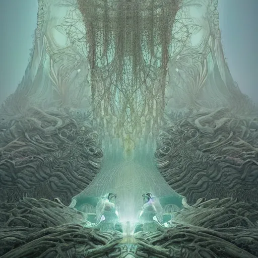 Prompt: epic alien landscape by alexander mcqueen, zdzisław beksinski and alphonse mucha. highly detailed, hyper - real, very beautiful, intricate fractal details, very complex, opulent, epic, mysterious, trending on deviantart and artstation