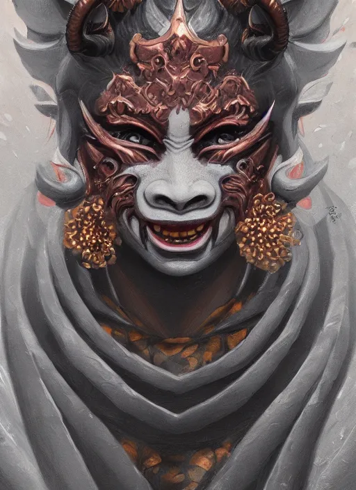 Prompt: a beautiful detailed oil on copper art illustration of a oni hannya mask shogun devil woman, centered, by charlie bowater, zeng fanzh, trending on artstation, dim dusk lighting, cinematic lighting, detailed lighting, volumetric lighting, realistic, f 8, 4 k hd wallpaper