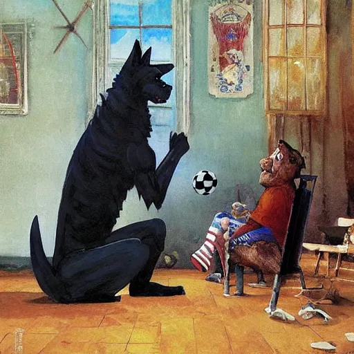 Image similar to a humanoid german shepherd beast - man, sitting and watching a soccer match in his house on television, he has hurt his knee and is a dad, by erin hanson, alexi zaitsev, karl spitzweg, award winning, tv set