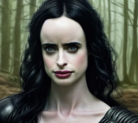 Image similar to 5 5 mm close up portrait photo of krysten ritter as yennefer of vengerberg in black leather armor and black hair, in a forest. magical atmosphere. art by greg rutkowski. lifelike. very detailed 8 k. intricate. soft light. nikon d 8 5 0.