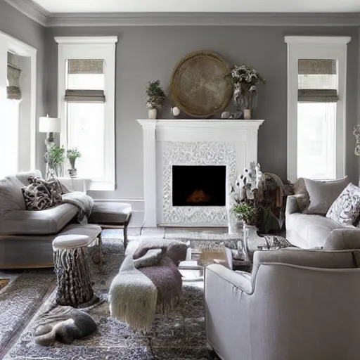 Prompt: cozy living room, grey walls, white ceiling, fireplace, medallion area rug, left hand sofa & chaise