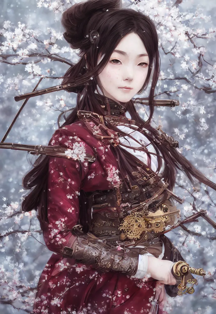 Image similar to detailed portrait of one single steampunk girl samurai with tachi and cross bow combat pose in snow forest sakura cherry blossom swan hakama kimono trending on artstation elite, elegant, luxury, by krenz cushart greg rutkowski alexandros, perfect face, fine details, realistic shaded, fine - face, pretty face