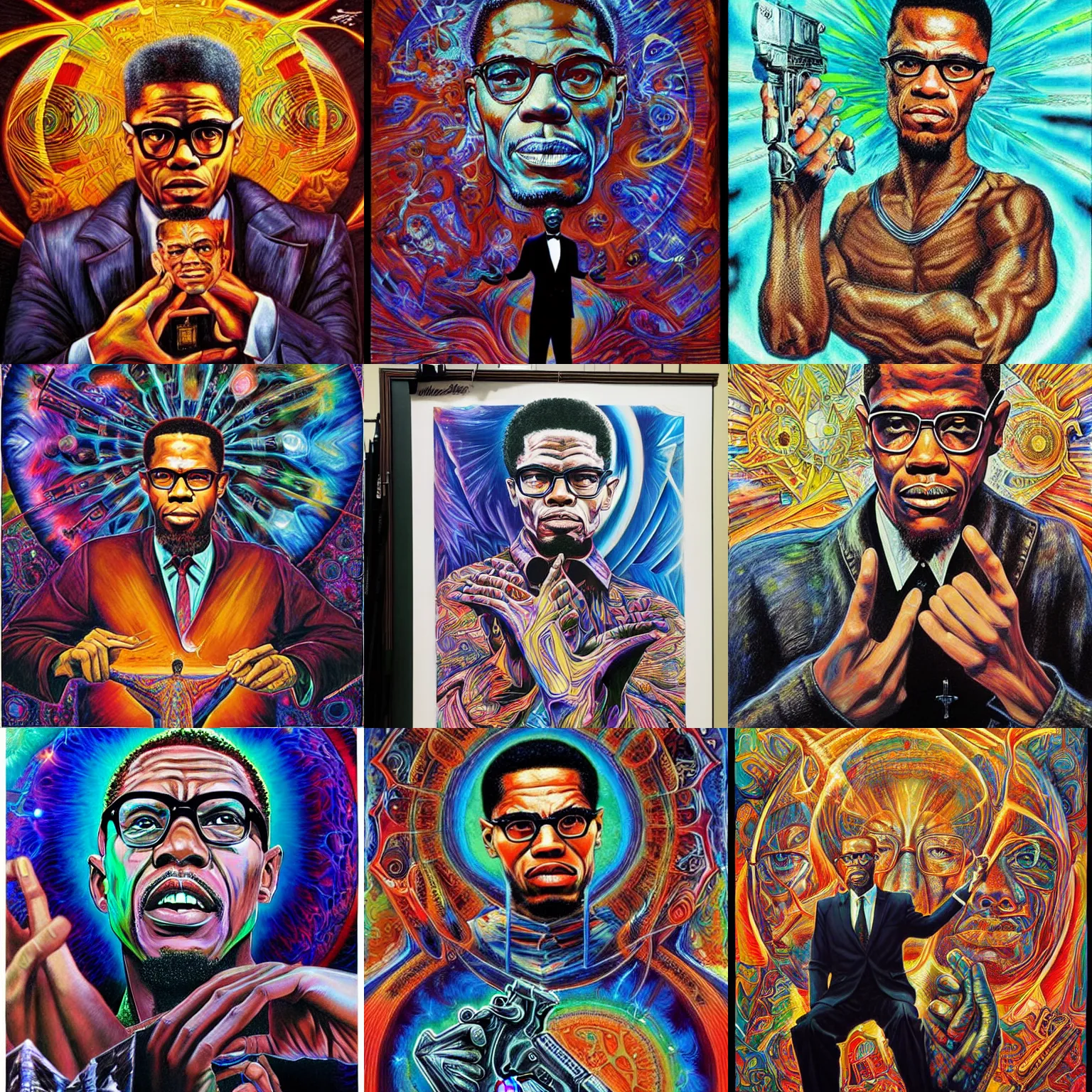 Prompt: Malcolm x holding an uzi painting by android jones in the style of cosmic christ by alex grey