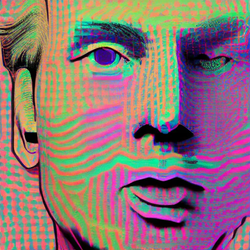 Prompt: portrait of abstract visual artificial intelligence face chromatic suit by Andy warhol and David Hockney and Petros Afshar and Beeple, highly detailed