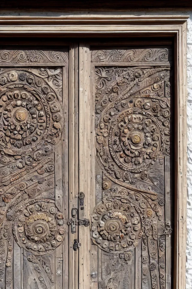 Prompt: Full old weathered wooden Door with a high relief carving of Fractal Marble and Opal Geode and Obisidian