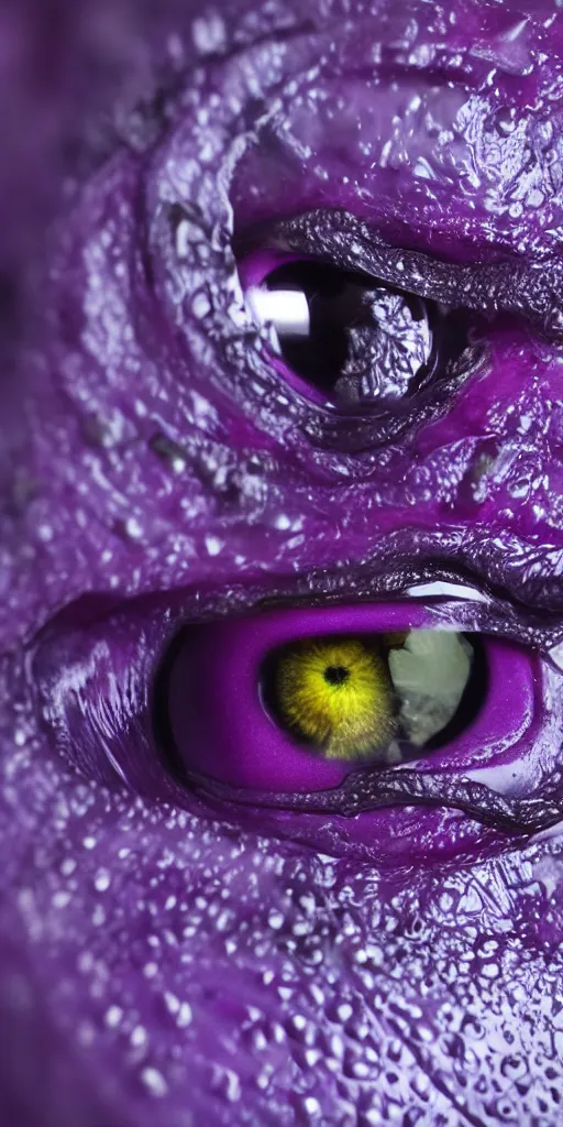 Prompt: macro shot, close-up of a purple squid eye, intricate iris, ultrarealistic, highly detailed, octane render, ray tracing