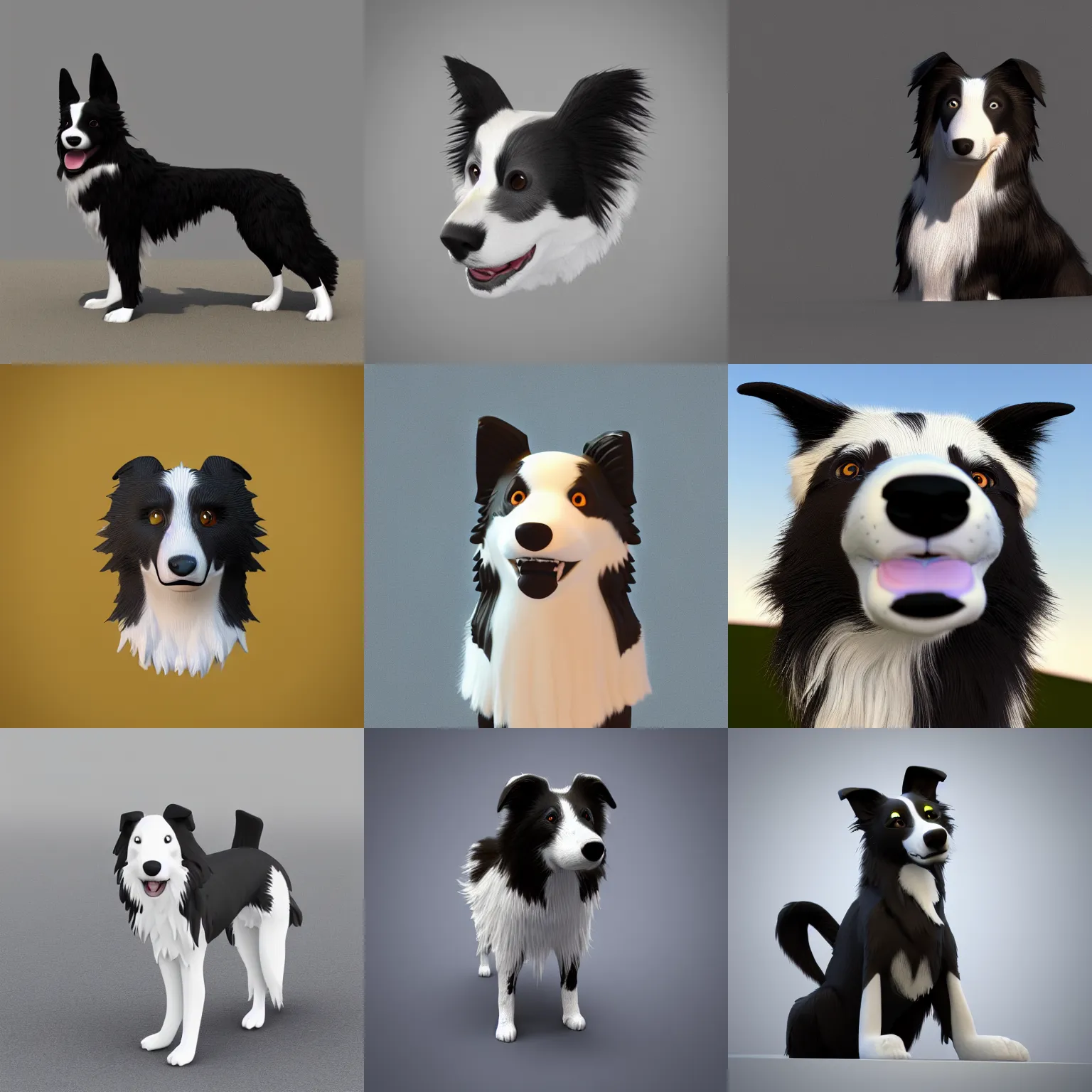 Prompt: border collie, anthropomorphic, 3d render, blender, 4k