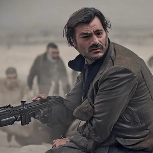 Image similar to Kurdish detective in a movie directed by Christopher Nolan, movie still frame, promotional image, imax 70 mm footage