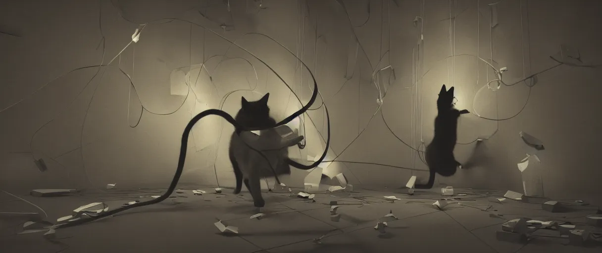 Image similar to 3 d render of cat playing with yarn in non - euclidean space, concept art, high detail, artstaion, dark atmosphere, noir, 4 k