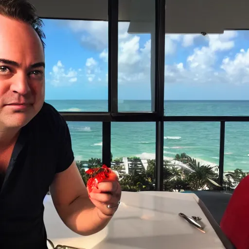 Image similar to jason calacanis eating a red pill in miami