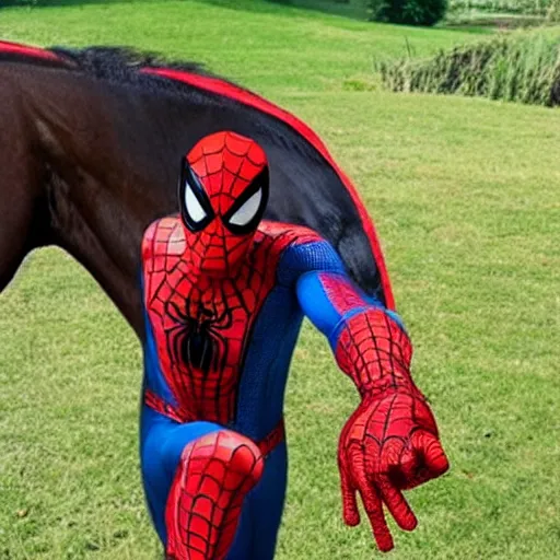 Prompt: a horse dressed as spider man