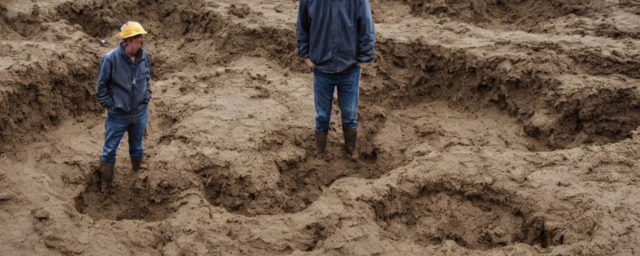 Image similar to a man standing in a muddy pit that is 8 feet deep